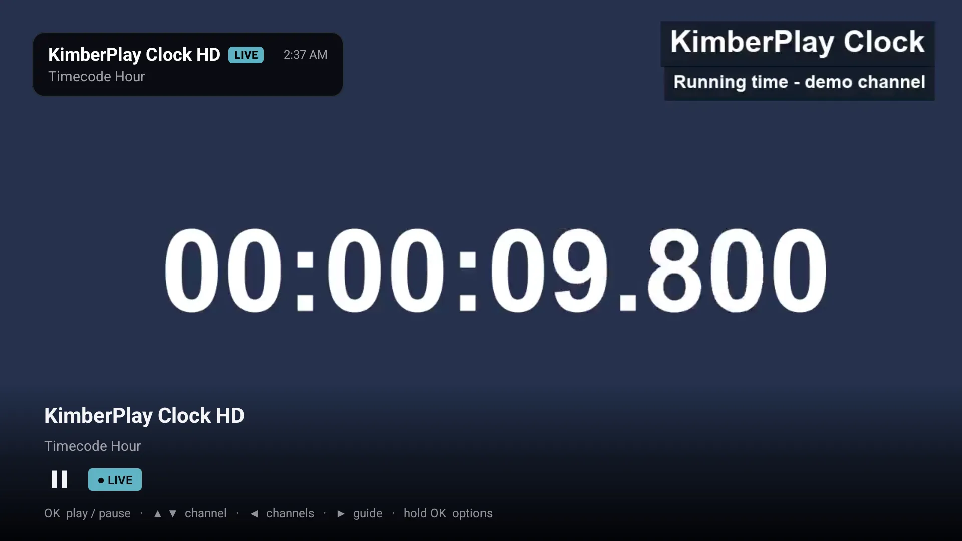 KimberPlay's player over a live channel: channel banner with LIVE badge, transport bar, and key hints