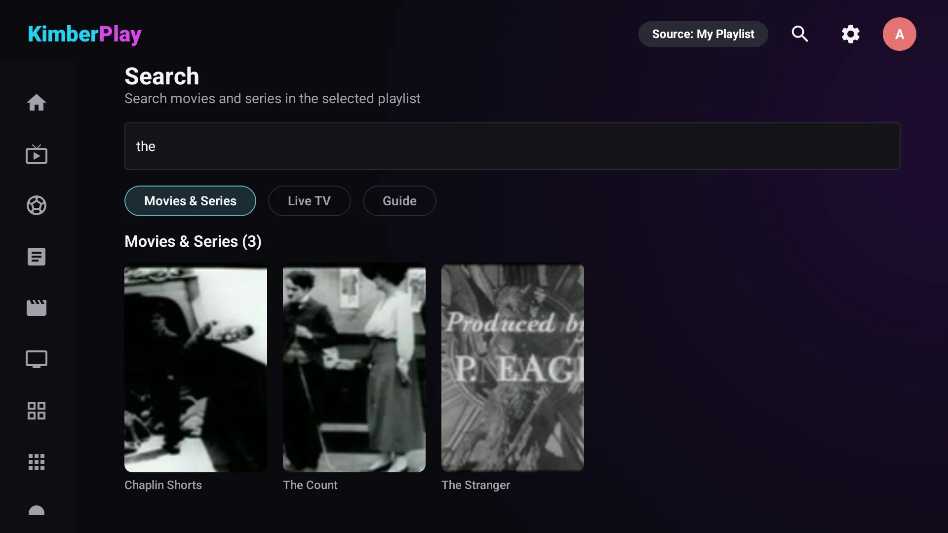 KimberPlay Search: matching movies and series, with Live TV and Guide filters
